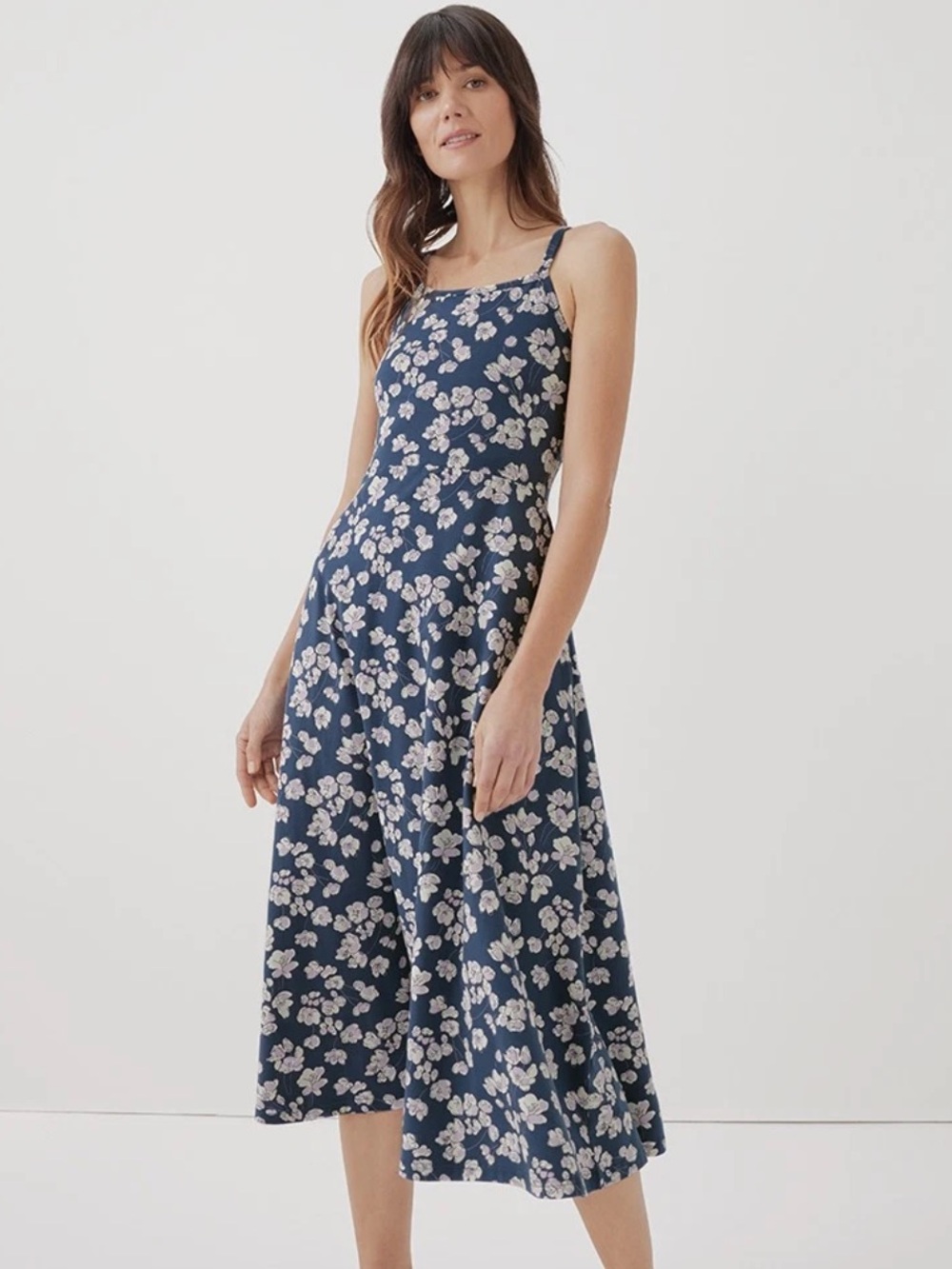 Pact Blue French Navy Shoreline Floral Fit & Flare Midi Dress Medium